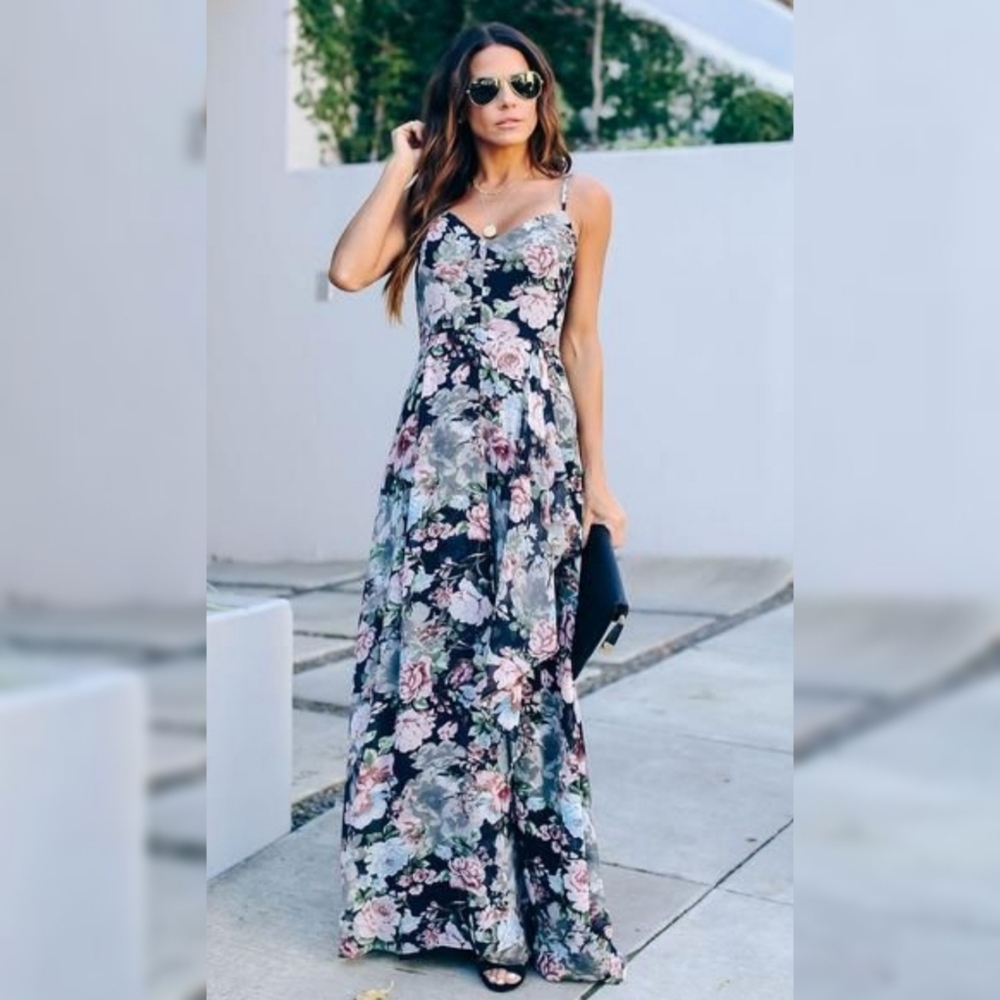 Dress Forum Floral Spaghetti Strap Ruffle Front Maxi Dress Black Size: Small